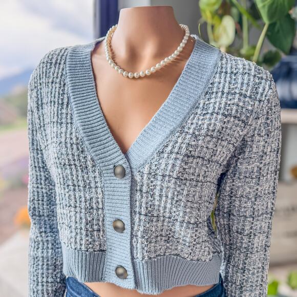 NWT-Miami of Francesca's, Lara Tweed Button Up Crop Blue Cardigan, Women's Small - Picture 1 of 9